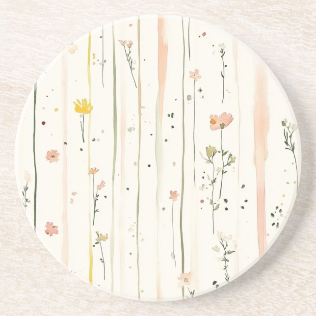 Pink Green Stripes Flowers Coaster (Front)