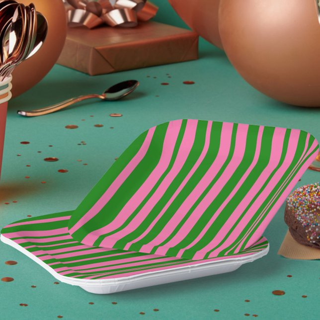 Pink Green Stylish Stripes Pattern Design  Paper Plate (Creator Uploaded)