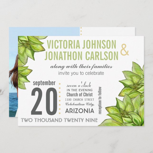 Pink Green Succulent Modern Photo on Back Wedding Invitation (Front/Back)