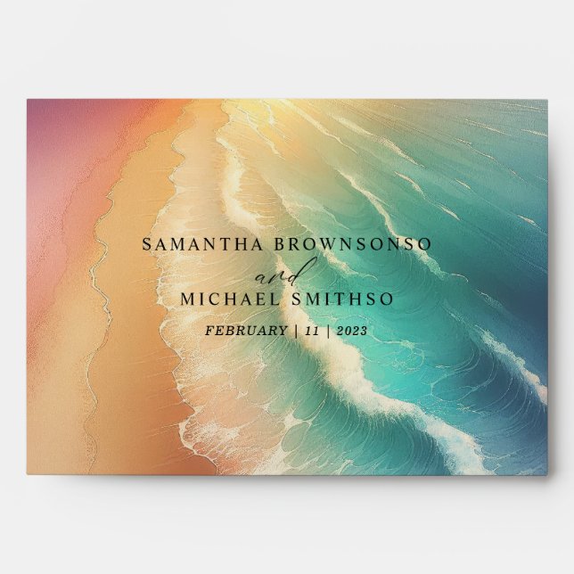 Pink Green Sun Ocean Beach Summer Party Wedding Envelope (Front)