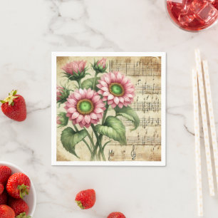 Pink & Green Sunflowers Vintage Music Découpage Napkin