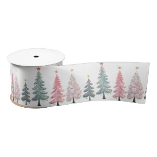 Pink Green Swirly Christmas Trees Satin Ribbon