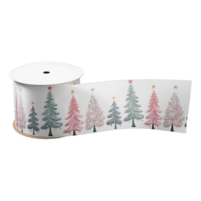 Pink Green Swirly Christmas Trees Satin Ribbon (Spool)