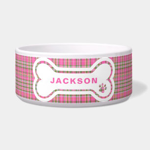 Pink & Green Tartan Plaid Dog Bone