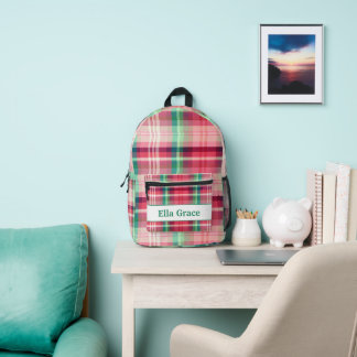 Pink Green Tartan Plaid Printed Backpack