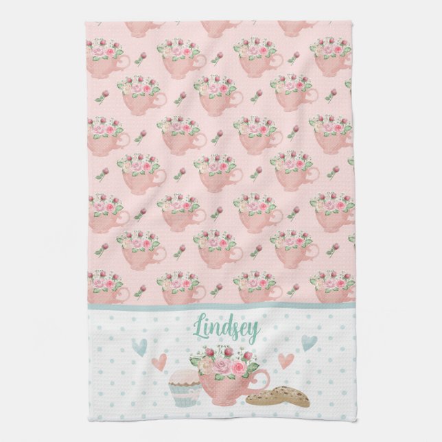 Pink & Green Tea and Cupcakes Personalised   Tea Towel (Vertical)