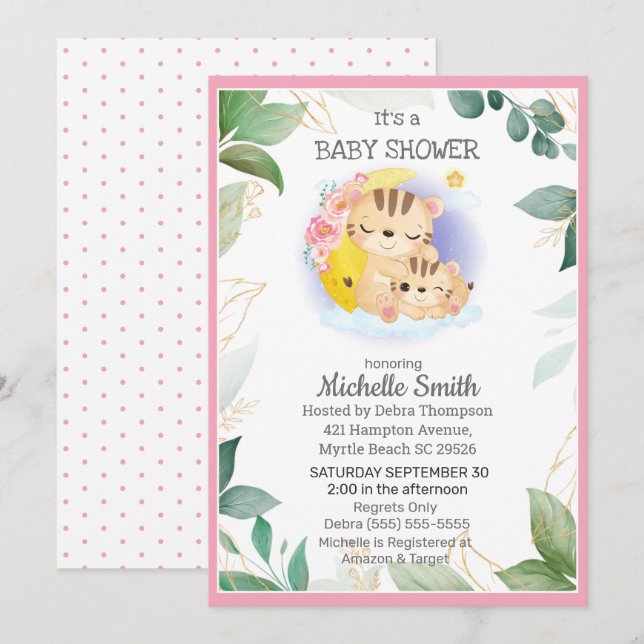 Pink Green Tiger Floral  Mum Baby Shower      Invitation (Front/Back)