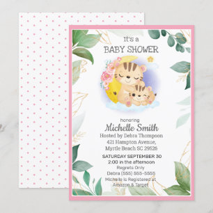 Pink Green Tiger Floral  Mum Baby Shower      Invitation