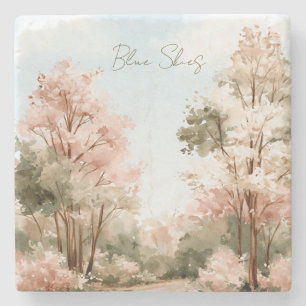 Pink Green Trees Blue Skies Stone Coaster