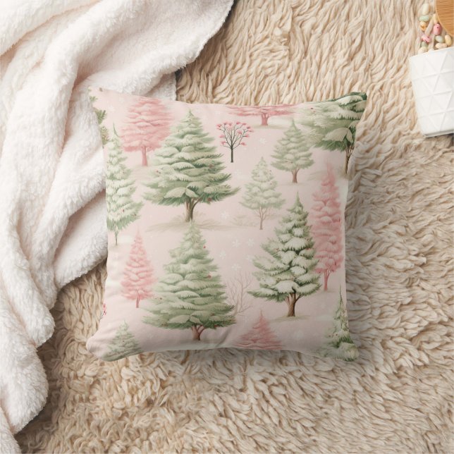 Pink Green Trees Christmas Holiday Cushion (Blanket)