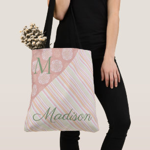 Pink Green Trendy Floral Stripes Name Monogram Tote Bag