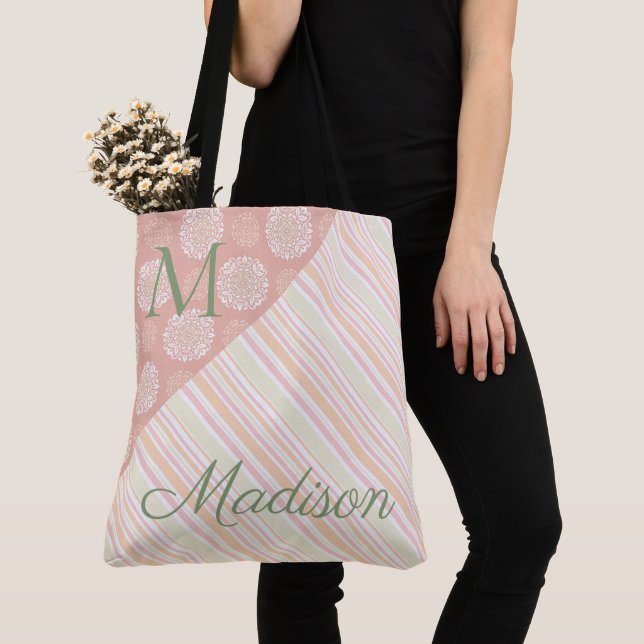 Pink Green Trendy Floral Stripes Name Monogram Tote Bag (Close Up)