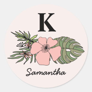 Pink & Green Trendy Tropical Leaves Monogram Classic Round Sticker