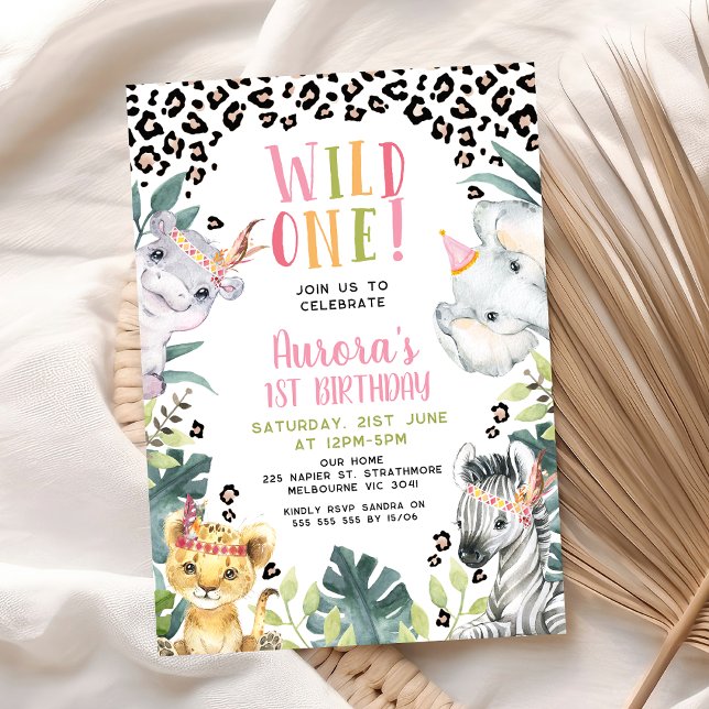 Pink Green Tribal Wild One 1st Birthday Invitation (Tribal Wild One 1st Birthday Invitation For Baby Girl, Wild One First Birthday Invitation, Cheetah)