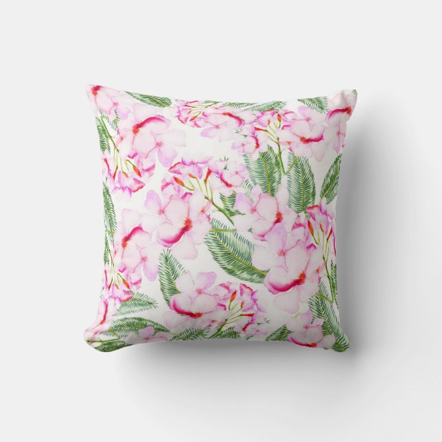 Pink Green Tropical Botanical Oasis Leaves Floral Cushion (Front)