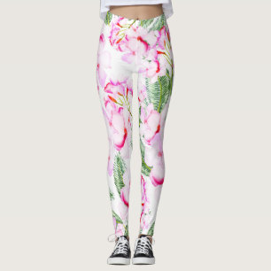 Pink Green Tropical Botanical Oasis Leaves Floral Leggings