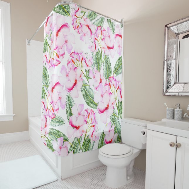 Pink Green Tropical Botanical Oasis Leaves Floral Shower Curtain (In Situ)