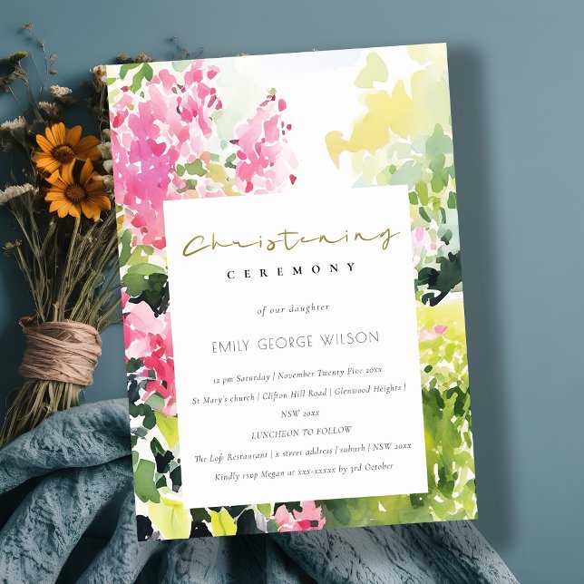 Pink Green Tropical Bougainvillea Christening Invitation (Creator Uploaded)