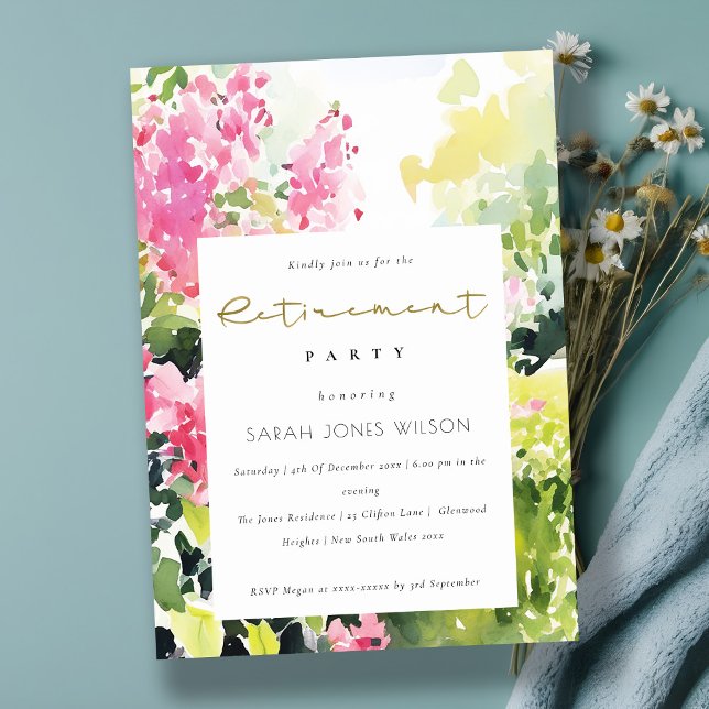 Pink Green Tropical Bougainvillea Retirement Party Invitation (Creator Uploaded)