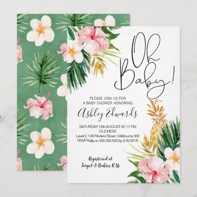 Pink Green Tropical Floral Baby Shower Invitation (Front/Back)