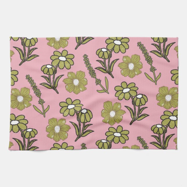Pink Green Tropical Floral Botanical Spring Summer Tea Towel (Horizontal)