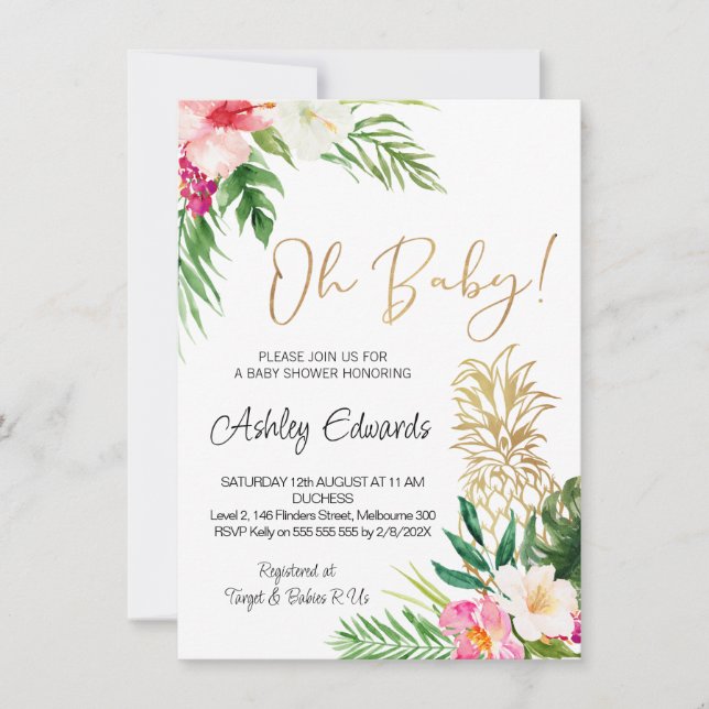 Pink Green Tropical Floral Oh Baby Shower Invitation (Front)