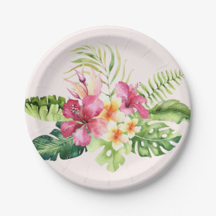 Pink Green Tropical Flowers Paper Plates, 7" Paper Plate