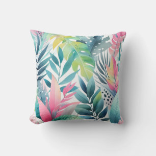 Pink Green Tropical Hawaiian Palm Leaves  Cushion