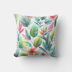 Pink Green Tropical Hawaiian Palm Leaves Flowers Cushion