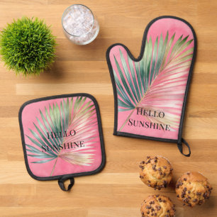 Pink Green Tropical Leaf Oven Mitt & Pot Holder Set