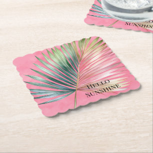 Pink Green Tropical Leaf Paper Coaster