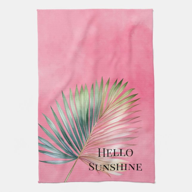 Pink Green Tropical Leaf Tea Towel (Vertical)