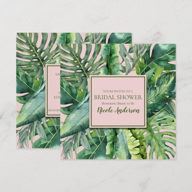 Pink & Green Tropical Leaves Bridal Shower Invitation (Front/Back)