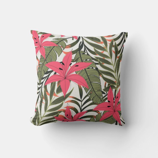 Pink & Green Tropical Leaves Cushion (Front)