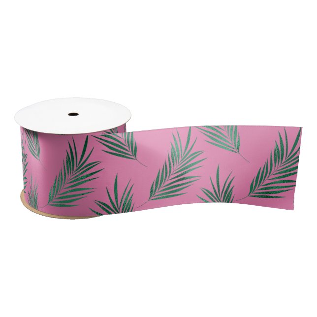 Pink Green Tropical Leaves Satin Ribbon (Spool)