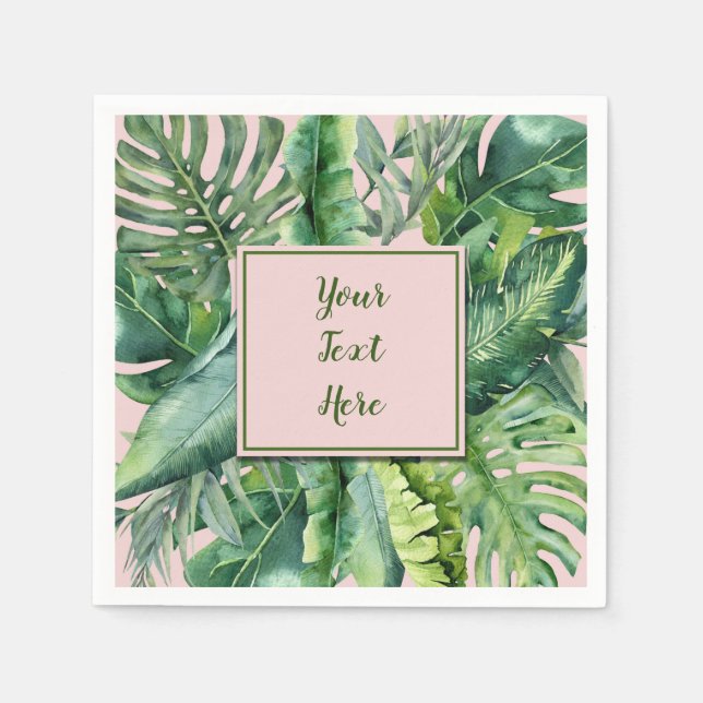 Pink & Green Tropical Leaves Sweet 16 Party Napkin (Front)