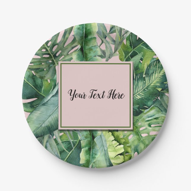 Pink & Green Tropical Leaves Sweet 16 Party Paper Plate (Front)