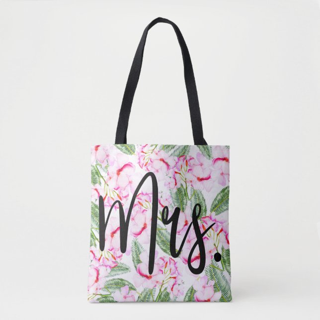 Pink Green Tropical Oasis Botanical BRIDE / MRS. Tote Bag (Front)