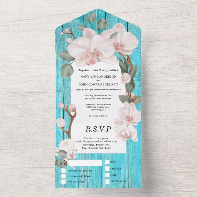 Pink green tropical orchid elegant beach wood  all in one invitation (Inside)