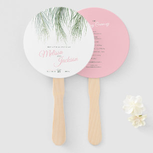 Pink green tropical palms watercolor art hand fan