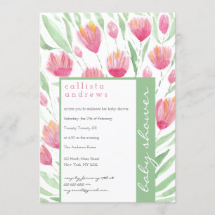Pink Green Tulip Floral Watercolor Baby Shower Invitation