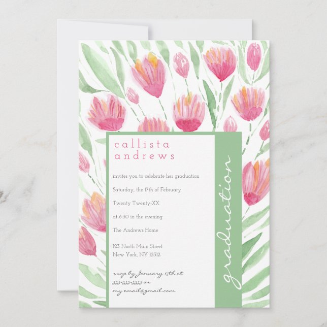 Pink Green Tulip Floral Watercolor Graduation Invitation (Front)