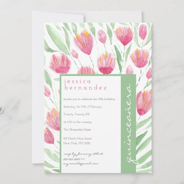 Pink Green Tulip Floral Watercolor Quinceañera Invitation (Front)