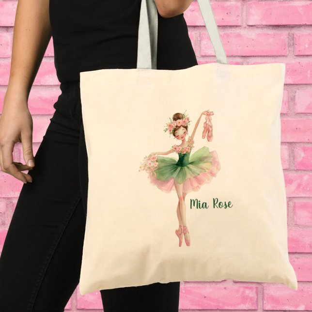 Pink & Green Tutu Ballet Girl with Slippers  Tote Bag (Personalized Ballerina Tote Bag – Pink & Green Tutu Ballet Girl with Slippers & Flowers)