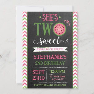 Pink Green Two Sweet Melon 2nd Birthday Invitation