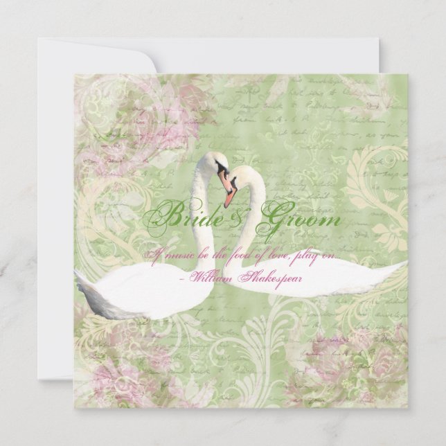 Pink green vintage engagement bird invitation (Front)