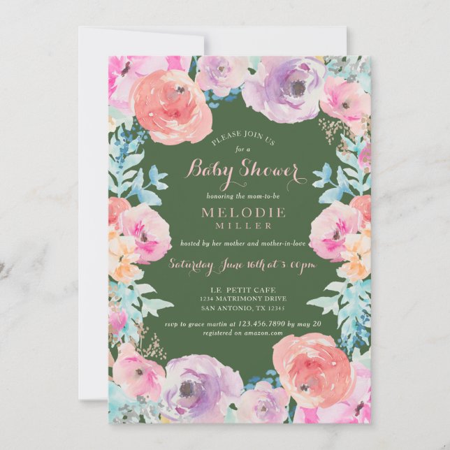 Pink Green Vintage Floral Baby Shower Invitation (Front)
