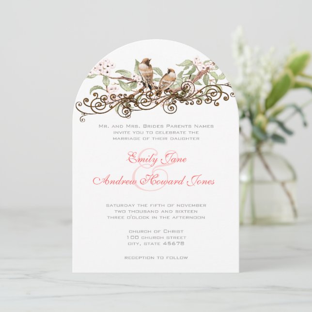 Pink & Green Vintage Love birds Wedding Invitation (Standing Front)