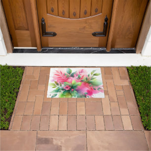 Pink Green Watercolor Botanical Bloom Doormat