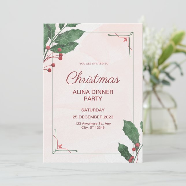 Pink & Green Watercolor Christmas Eve Dinner Party Invitation (Standing Front)